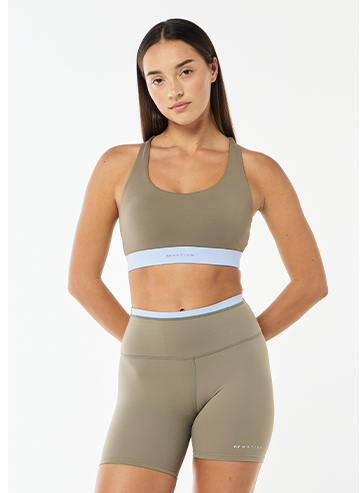 FREQUENCY SPORTS BRA IN FAWN & DUSTY BLUE