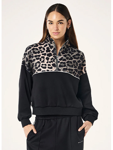 Boundless zip neck sweat in black & leopard