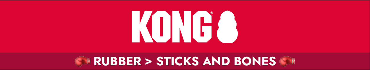 KONG logo and "Rubber > sticks and bones"