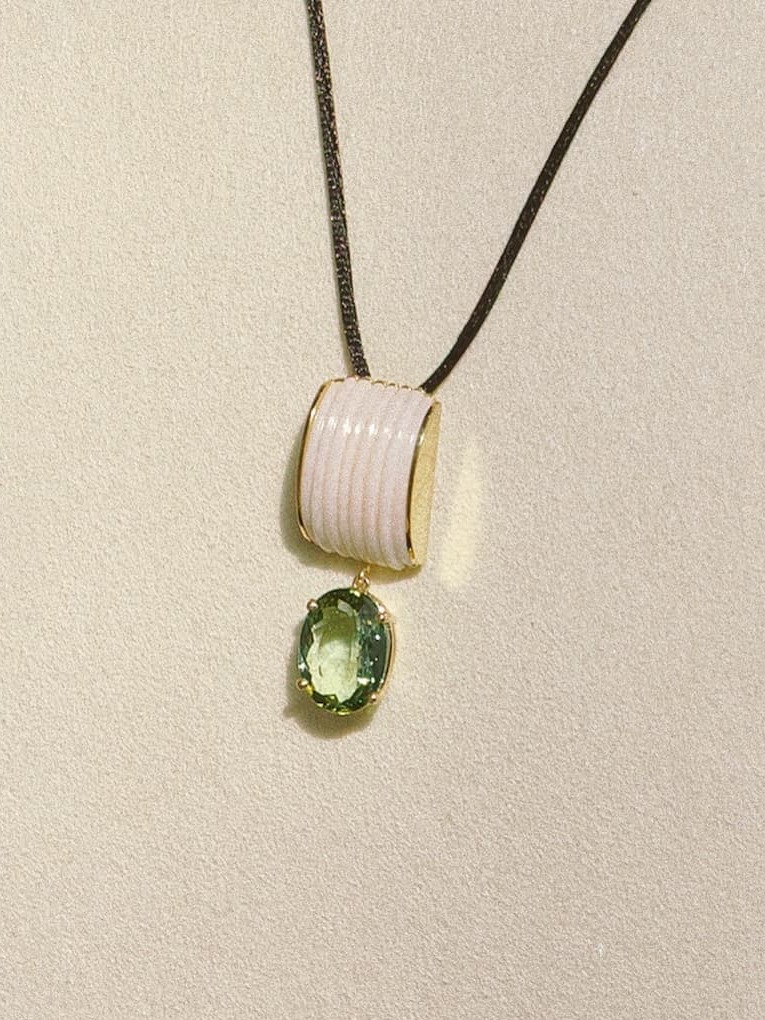 Tenuitas pendant with carved white coral and green tourmaline