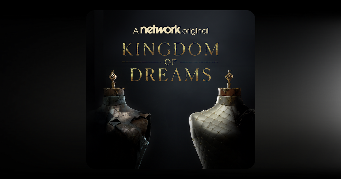 Promotional poster for "Kingdom of Dreams" featuring two mannequins on a dark background—one shadowy and distressed on the left, and one illuminated with white quilted fabric on the right.