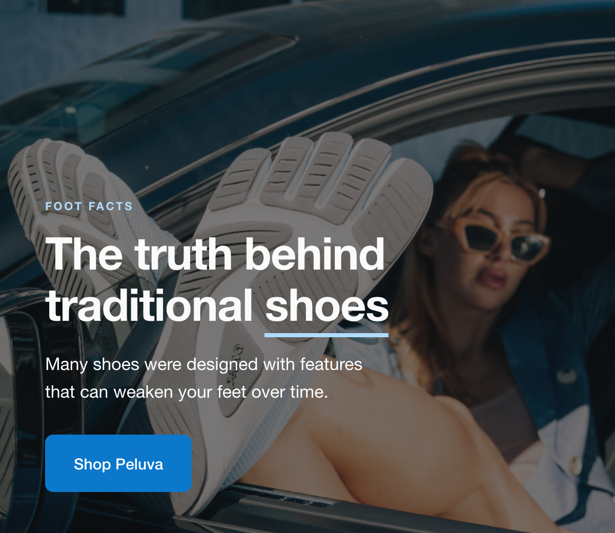 Person lifting bare feet in five-toe shoes toward car window, foot splayed and relaxed. Shop Peluva.