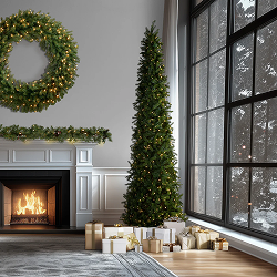 Slim Christmas tree with warm lights beside a fireplace and wreath, surrounded by gold and white presents.