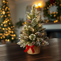 Small tabletop Christmas tree with warm lights and red base on a wooden surface.