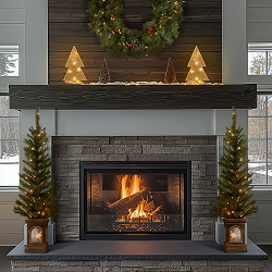 Cozy fireplace decorated with small lit Christmas trees, a wreath, and glowing wooden tree accents.