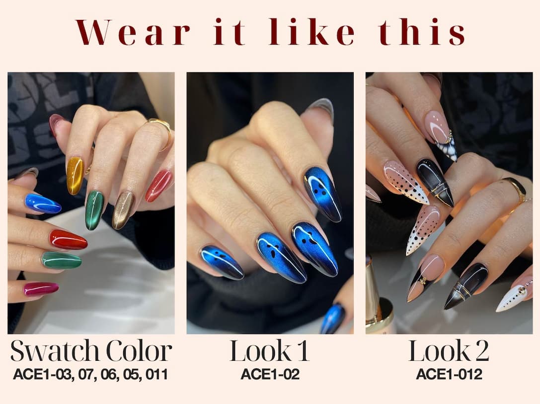 Wear it like this — Swatch Color (ACE1-03, 07, 06, 05, 11), Look 1 (ACE1-02), Look 2 (ACE1-12)