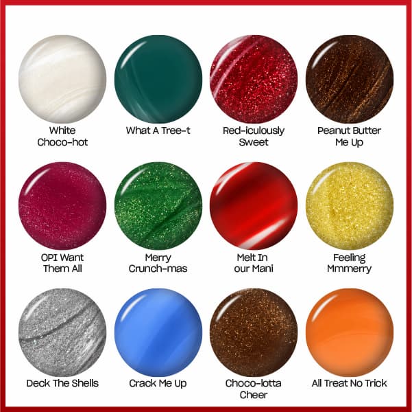 All 12 OPI × M&M'S Sweeten Your Mani shades: White Choco-Hot, What A Tree-T, Red-iculously Sweet, Peanut Butter Me Up, OPI Want Them All, Merry Crunch-Mas, Melt In Your Mani, Feeling Mmmerry, Deck The Shells, Crack Me Up, Choco-Lotta Cheer, All Treat No Trick