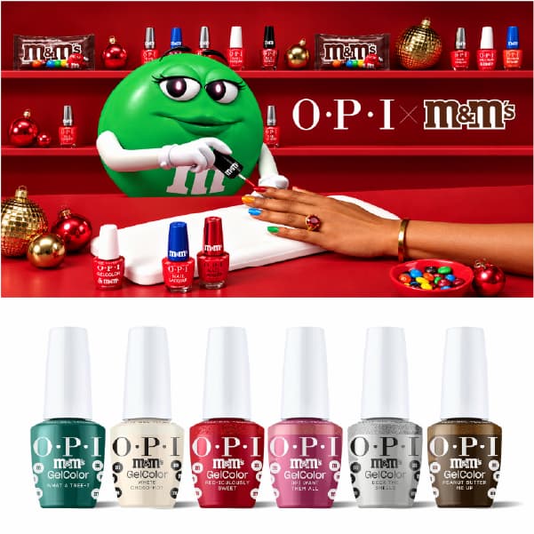 OPI × M&M'S GelColor Kit #2 — What A Tree-T, White Choco-Hot, Red-iculously Sweet, OPI Want Them All, Deck The Shells, Peanut Butter Me Up