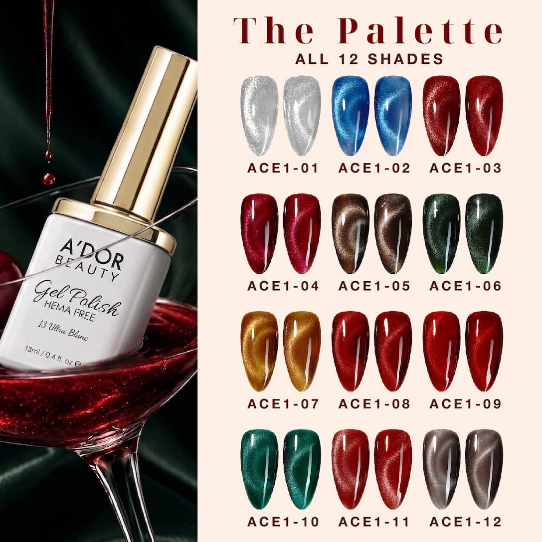 The Palette — all 12 A'DOR ACE1 cat eye shades, ACE1-01 to ACE1-12