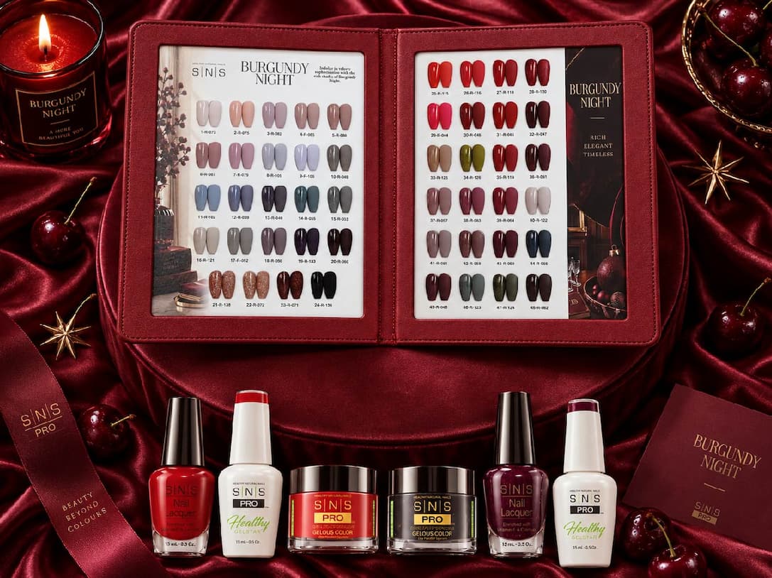 SNS Pro 4 in 1 Burgundy Night color book and bottles