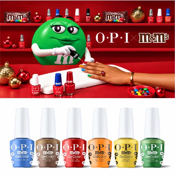 OPI × M&M'S GelColor Kit #1 — Crack Me Up, Choco-Lotta Cheer, Melt In Your Mani, All Treat No Trick, Feeling Mmmerry, Merry Crunch-Mas