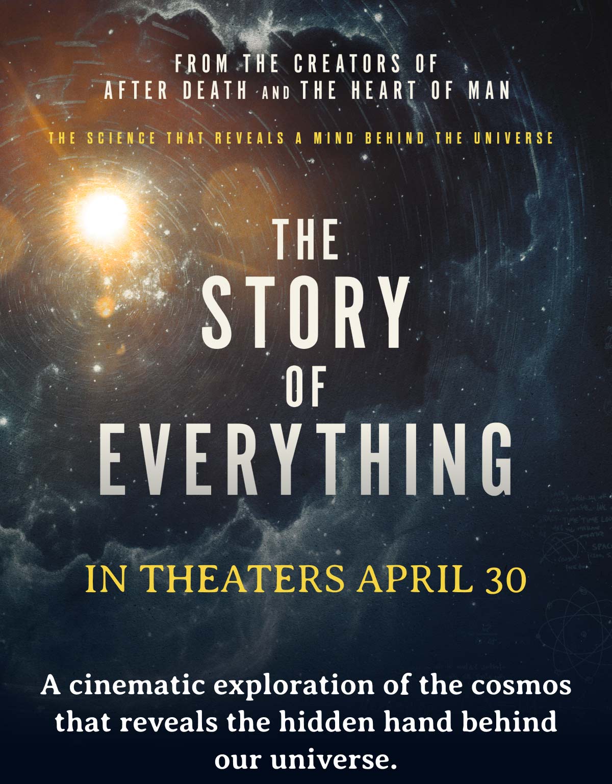 The Story of Everything: The Science That Reveals a Mind Behind the Universe. In theaters April 30.