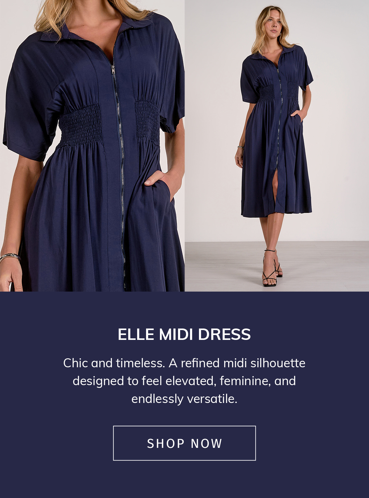 Elle Midi Dress  Chic and timeless. A refined midi silhouette designed to feel elevated, feminine, and endlessly versatile.