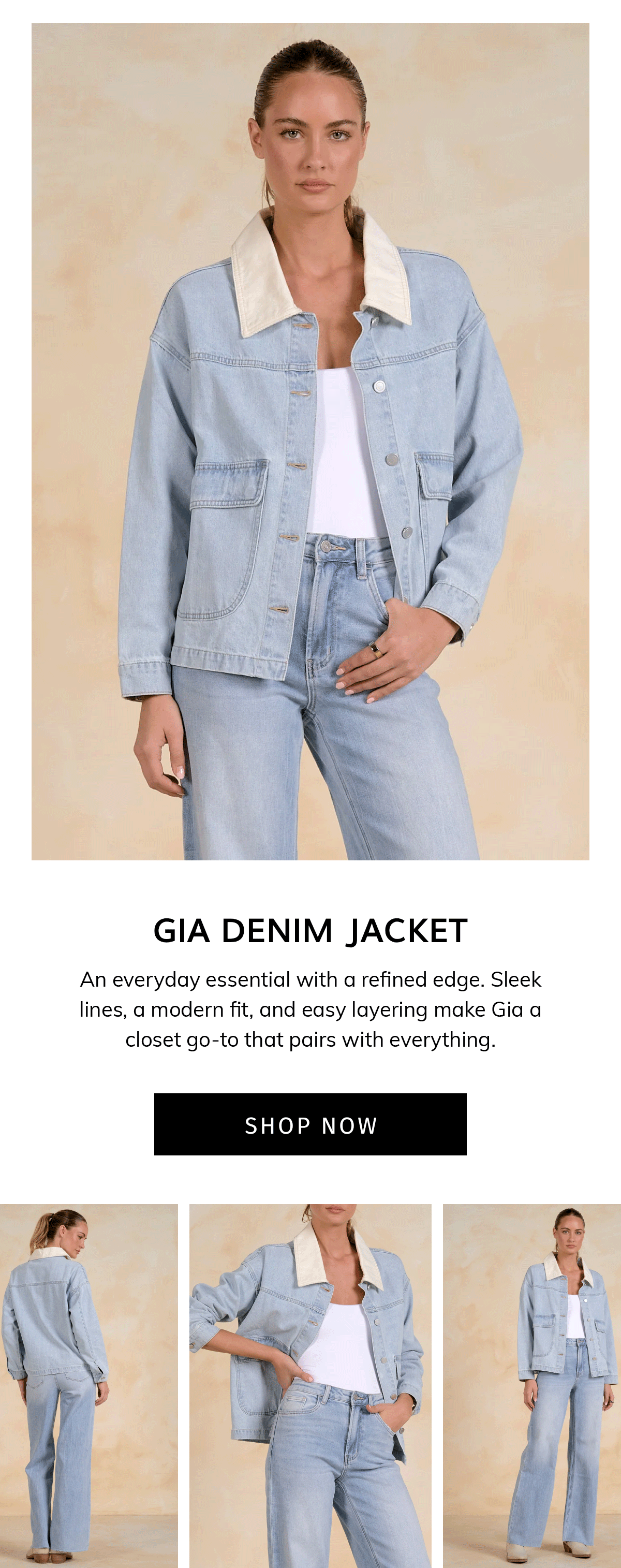 Gia Denim Jacket An everyday essential with a refined edge. Sleek lines, a modern fit, and easy layering make Gia a closet go-to that pairs with everything.
