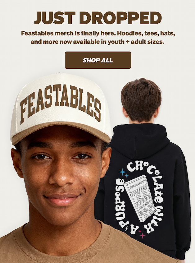 JUST DROPPED: Feastables merch is finally here. Hoodies, tees, hats, and more now available in youth + adult sizes. Shop all!