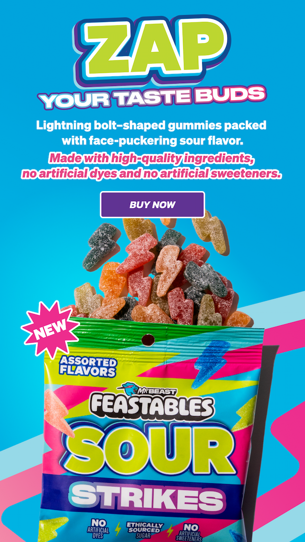 ZAP YOUR TASTE BUDS! Lightning bolt–shaped gummies packed with face-puckering sour flavor. Made with high-quality ingredients, no artificial dyes and no artificial sweeteners. Buy Now!