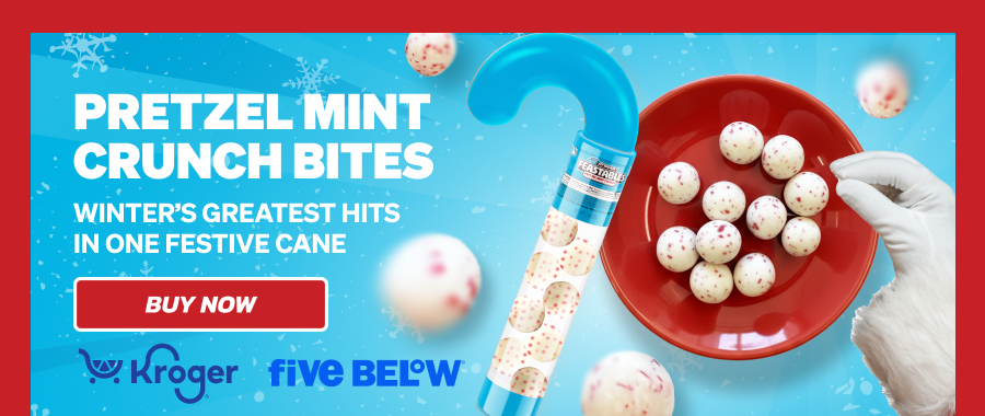 PRETZEL MINT CRUNCH BITES - WINTER'S GREATEST HITS IN ONE FESTIVE CANE! Available at Kroger & Five Below. Buy Now!