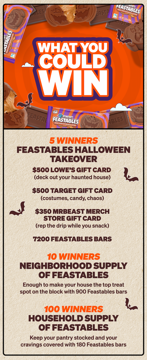 What you could win: 5 winners – Feastables Halloween Takeover: $500 Lowe's gift card (deck out your haunted house), $500 Target gift card (costumes, candy, chaos), $350 MrBeast Merch Store gift card (rep the drip while you snack). 10 winners – Neighborhood Supply of Feastables Enough to make your house the top treat spot on the block. 100 winners – Household Supply of Feastables Keep your pantry stocked and your cravings covered.