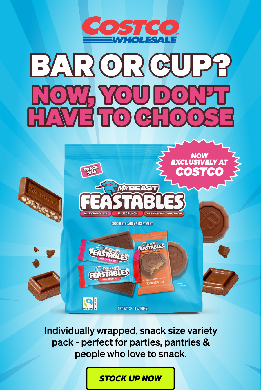 Bar or cup? Now, you don't have to choose. The Snack-Size Variety Pack - Now exclusively at COSTCO! Individually wrapped, snack size variety pack - perfect for parties, pantries & people who love to snack. Stock up now!