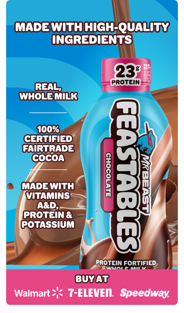 Made with simple, high-quality ingredients. Real whole milk. 100% certified Fairtrade cocoa. Made with vitamins A&D, protein & potassium. Buy at Walmart, 7-Eleven, and Speedway!
