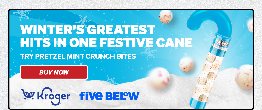 WINTER'S GREATEST HITS IN ONE FESTIVE CANE! Try pretzel mint crunch bites! Available at Kroger & Five Below. Buy Now!