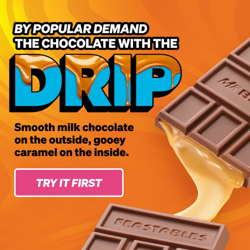 By popular demand, the chocolate with the DRIP! Featsbales' Caramel Milk Chocolate has arrived. Smooth milk chocolate on the outside, gooey caramel on the inside. Be the first to try it!