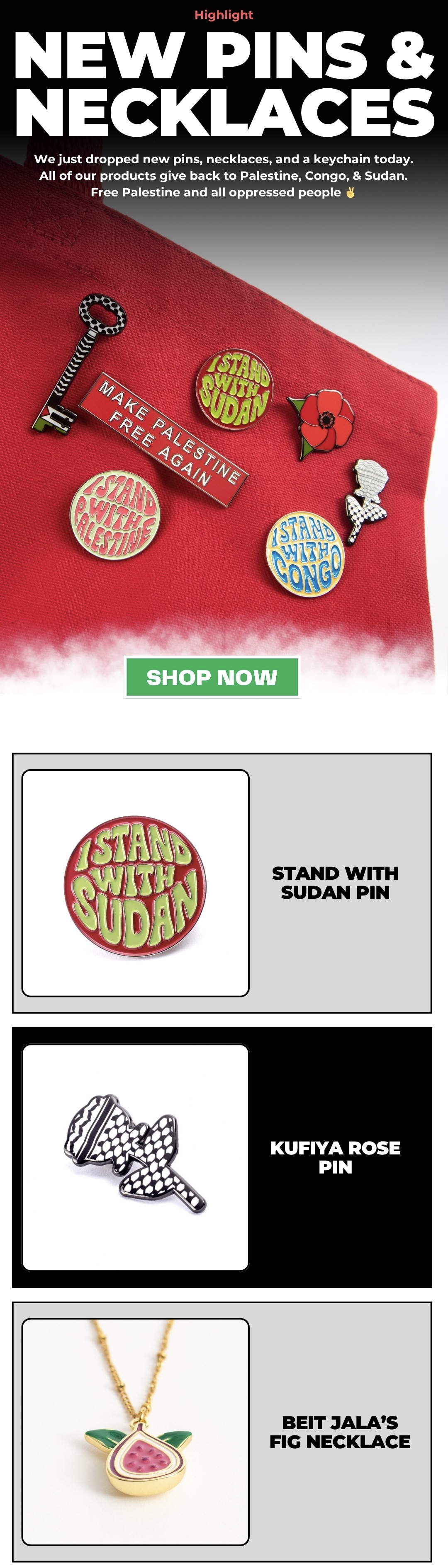 New pins, necklaces, and keychain
