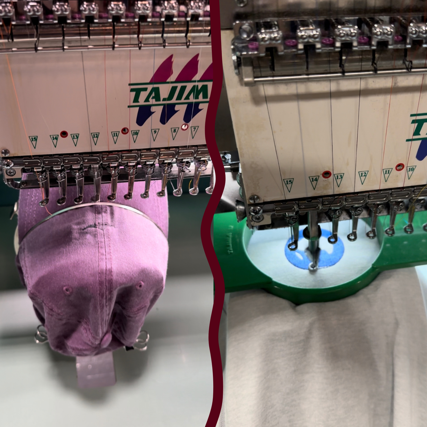 Side by side of custom embroidery machine working on a custom hat and a custom crewneck