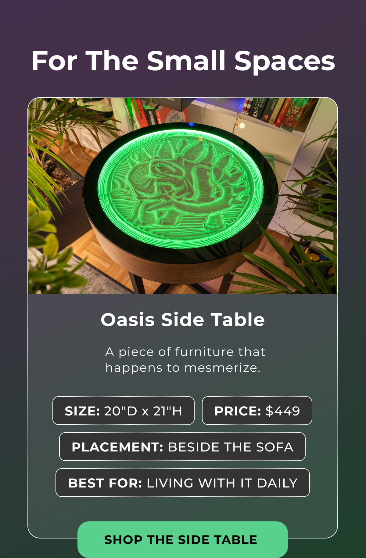 Oasis Side Table glowing green with a dinosaur sand pattern in a plant-filled living space.