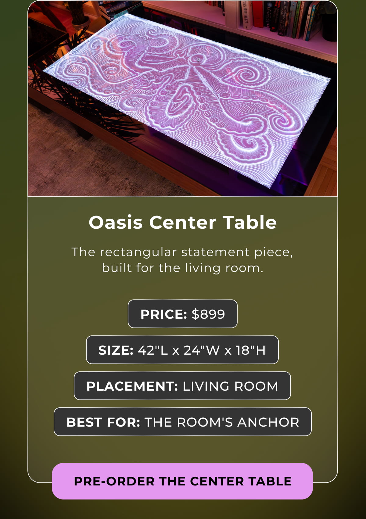Rectangular Oasis Center Table displaying a glowing octopus sand design, sized for the living room.