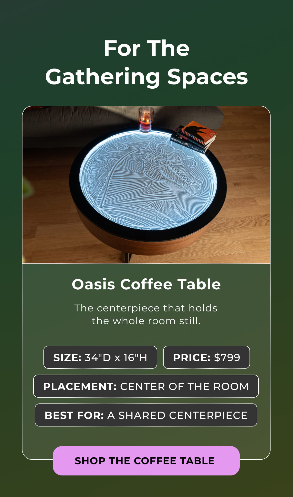 Round Oasis Coffee Table featuring an illuminated dragon sand design in a gathering space.