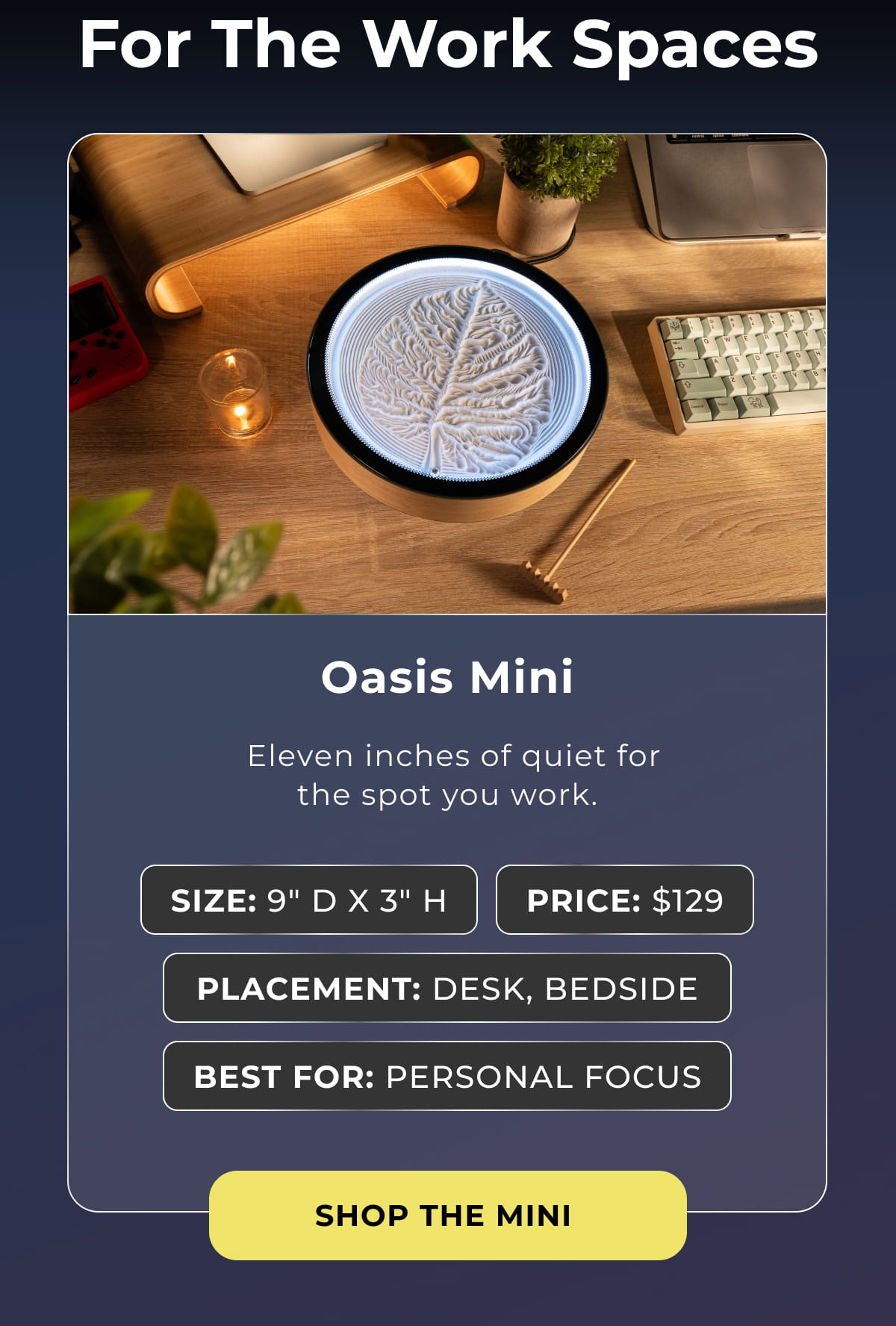 Compact Oasis Mini kinetic sand display with a glowing leaf pattern on a home-office desk.