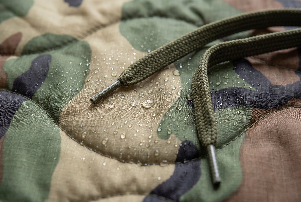 Water beading on the woobie's DWR-treated rip-stop quilting