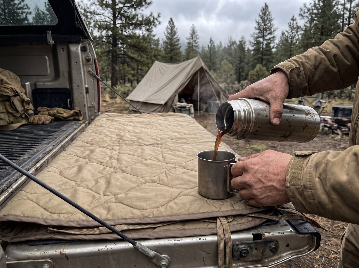 Woobie blanket and coffee on a tailgate