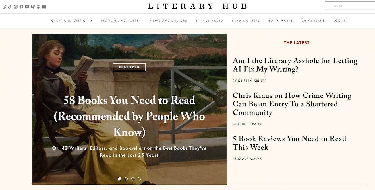 A screenshot of Lit Hub's new homepage