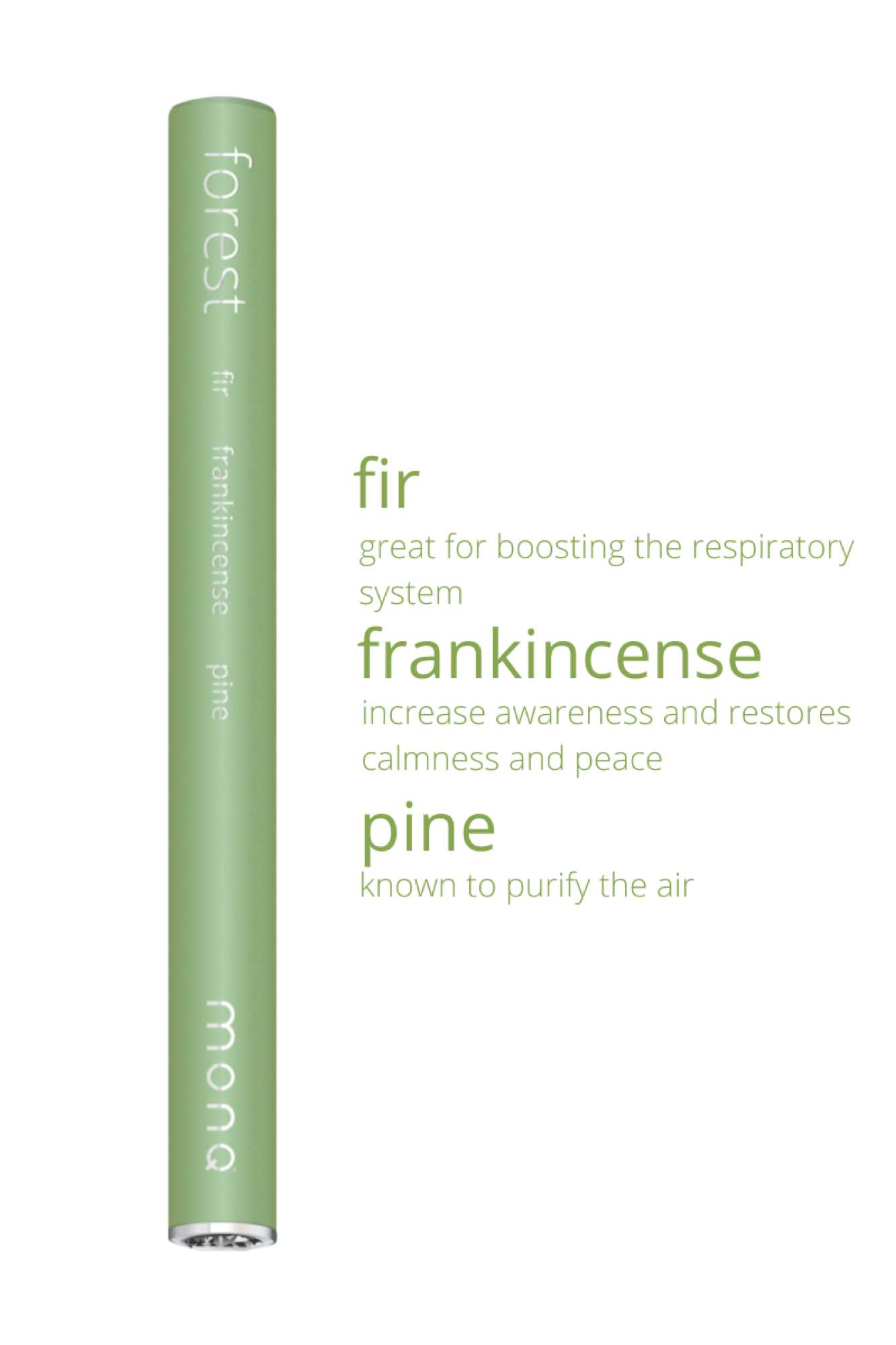 Forest MONQ blend: alpha-pinene, beta-pinene, and conifer-sourced terpenes — the botanical compounds from Japanese forest bathing research, in a portable diffuser