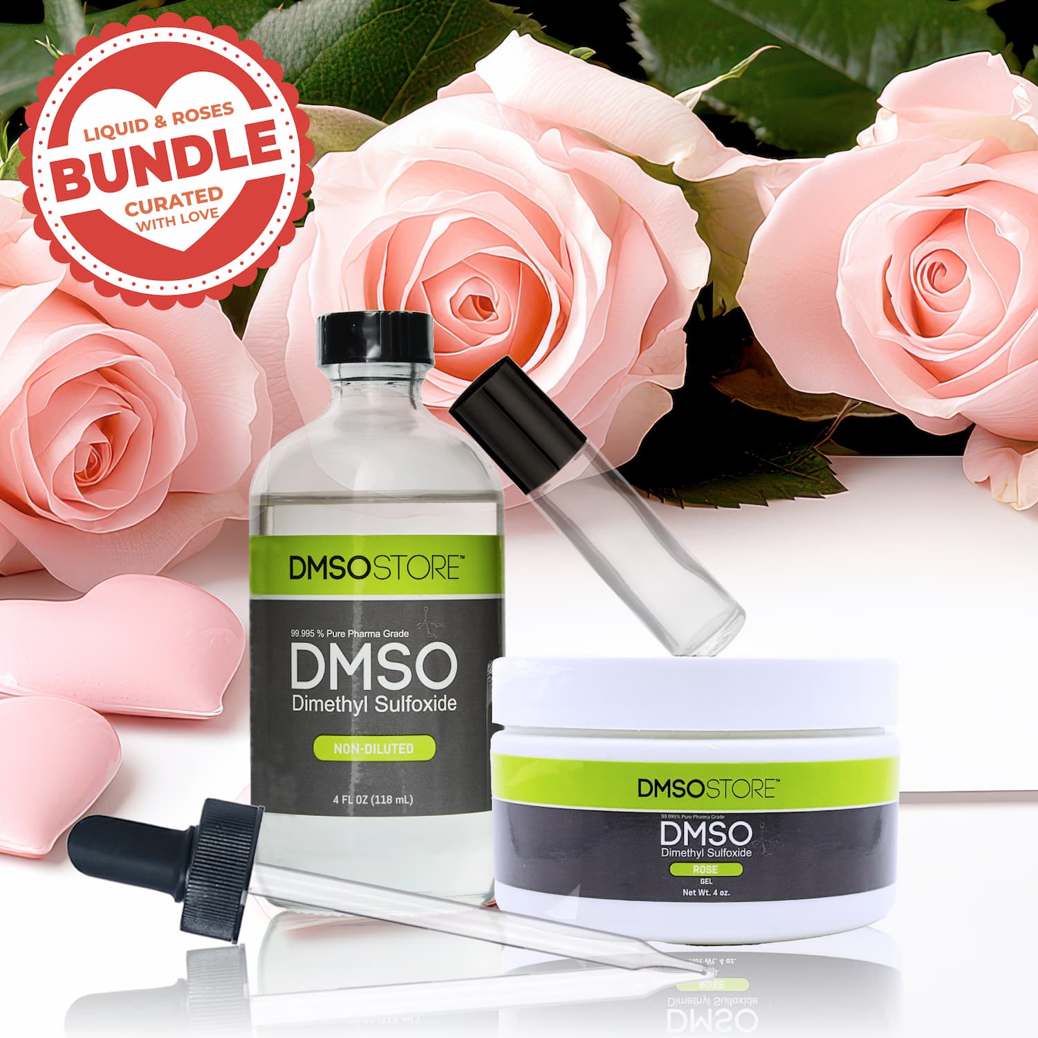 Liquid & Roses Bundle featuring non-diluted DMSO liquid, rose DMSO gel, and accessories displayed with soft pink roses in the background