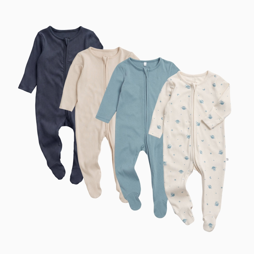 Ribbed Clever Zip Sleepsuit 4 Pack - Space & Blue