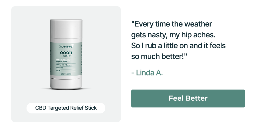 1000mg CBD Targeted Relief Stick: "Every time the weather gets nasty, my hip aches. So I rub a little on and it feels so much better!" - Linda A. Feel Better
