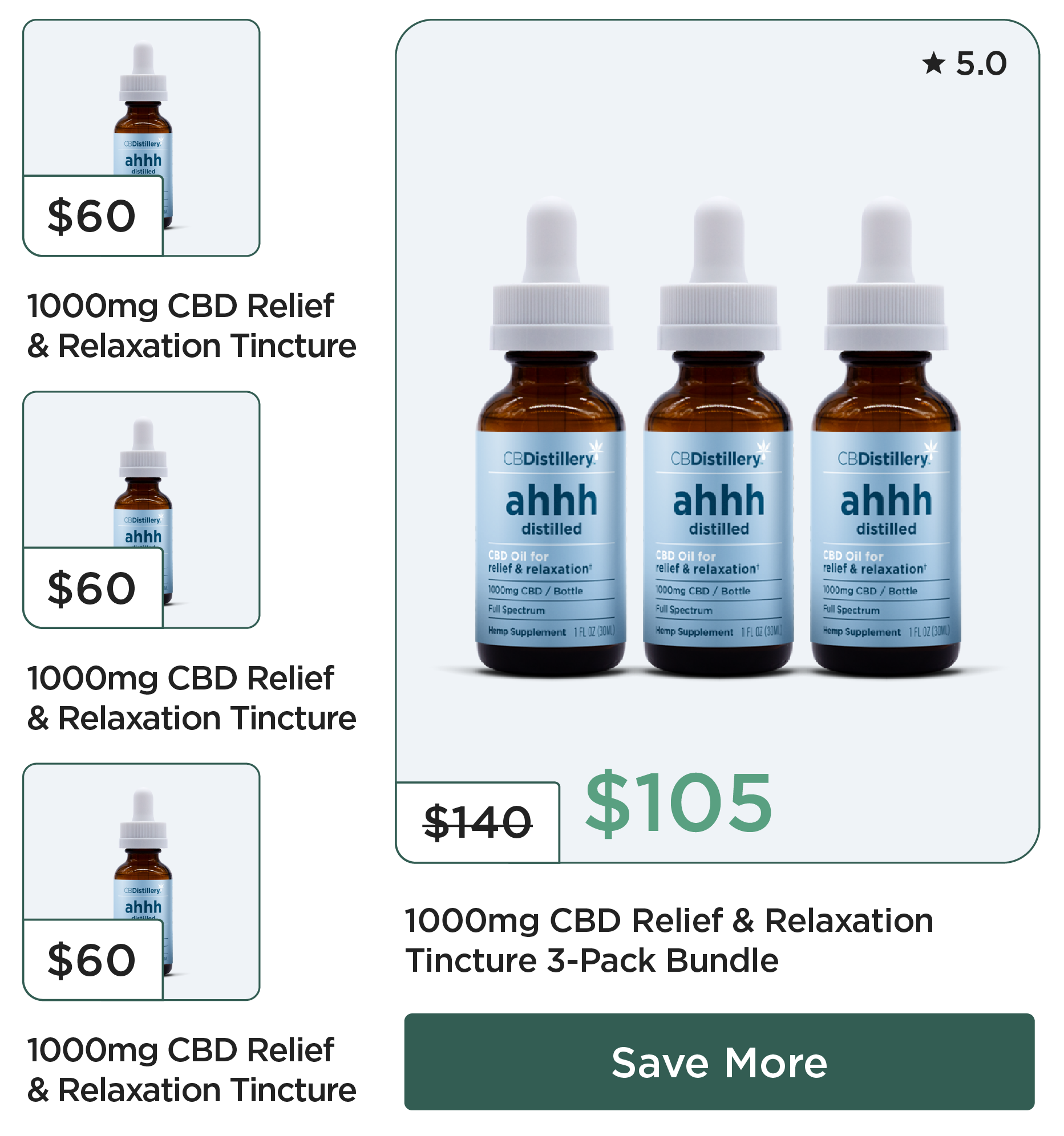 Individual Products: 1000mg CBD Relief & Relaxation Tincture, $60 each. 1000mg CBD Relief & Relaxation Tincture 3-Pack Bundle (with 3 bottles of 1000mg CBD Relief & Relaxation Tincture): originally $140, now $105. Save More