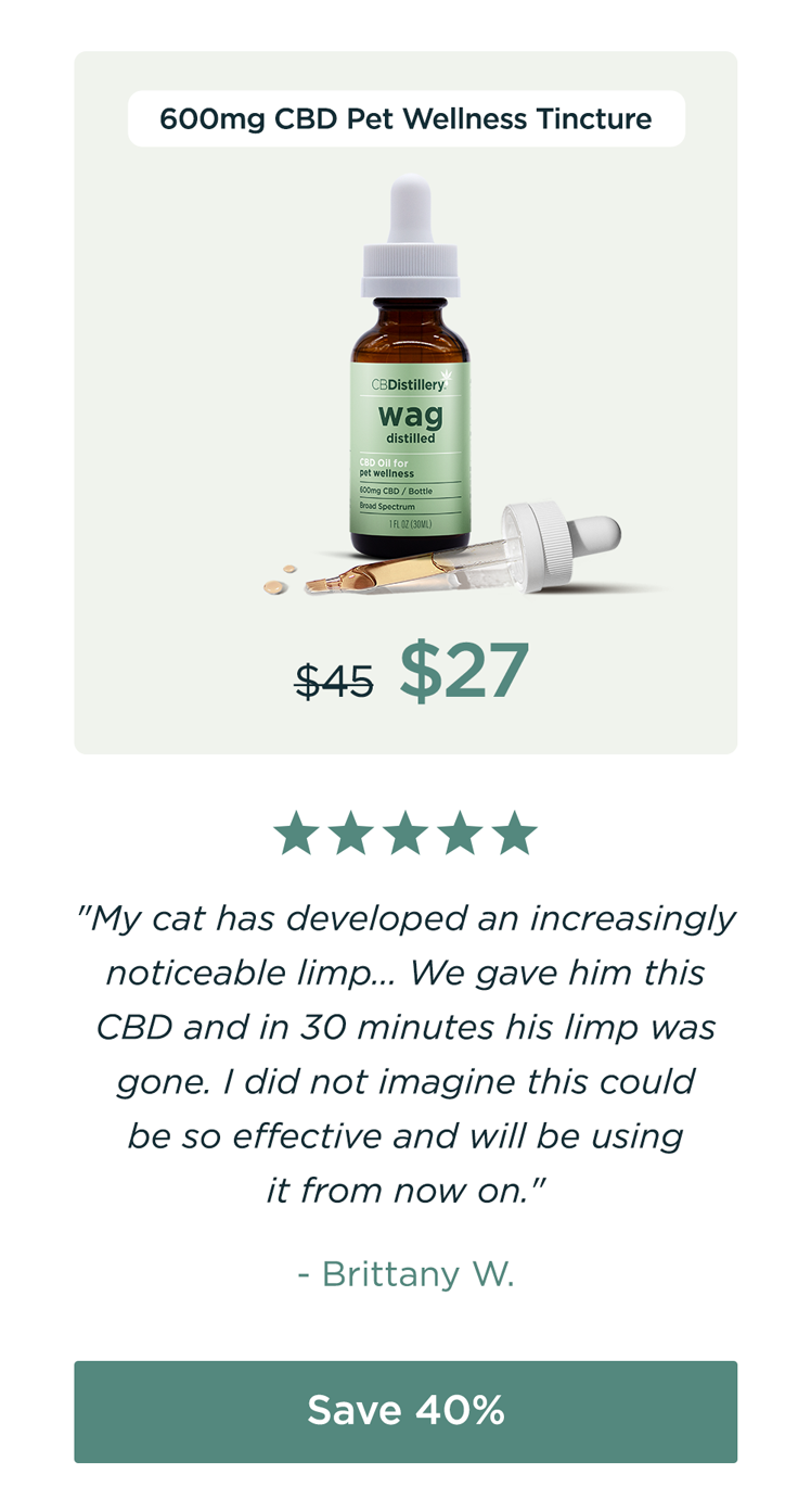 600mg CBD Pet Wellness Tincture: originally $45, now $27. "My cat has developed an increasingly noticeable limp... We gave him this CBD and in 30 minutes his limp was gone. I did not imagine this could be so effective and will be using it from now on." - Brittany W. Save 40% 600mg CBD Pet Wellness Tincture: originally $45, now $27. "My cat has developed an increasingly noticeable limp... We gave him this CBD and in 30 minutes his limp was gone. I did not imagine this could be so effective and will be using it from now on." - Brittany W. Save 40%