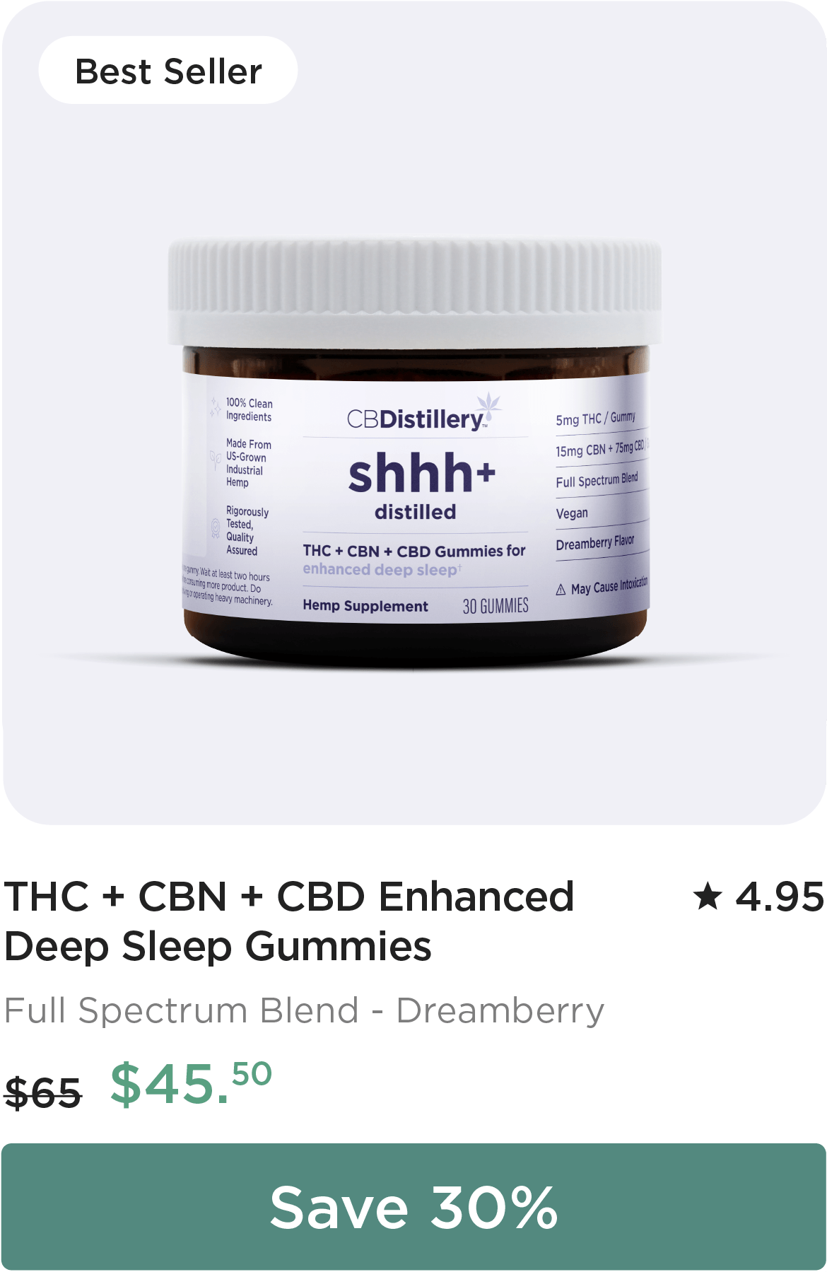 THC + CBN + CBD Enhanced Deep Sleep Gummies, originally $65, now $45.50. Save 30%
