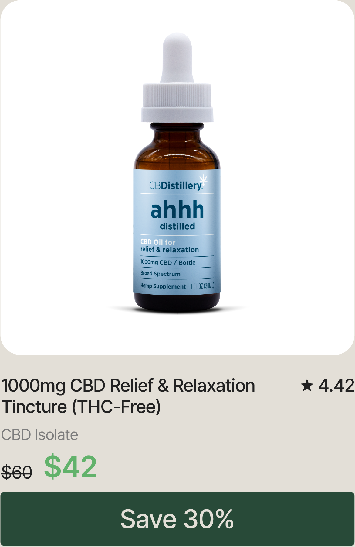 1000mg CBD Relief & Relaxation Tincture (THC-Free), originally $60, now $42. Save 30%