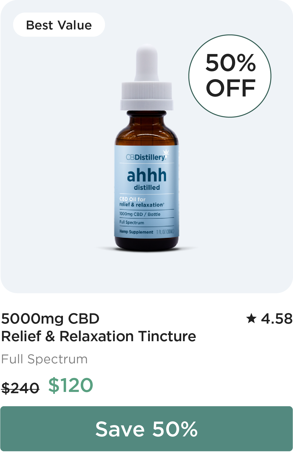 50% OFF: 5000mg CBD Relief & Relaxation Tincture. Originally $240; now $120. Save 50%