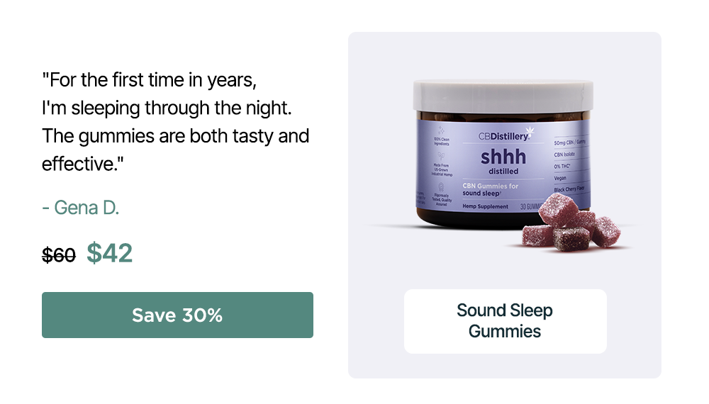 50mg CBN Sound Sleep Gummies: "For the first time in years, I'm sleeping through the night. The gummies are both tasty and effective. Thank you!!" - Gena D. Originally $60, now $42. Save 30%