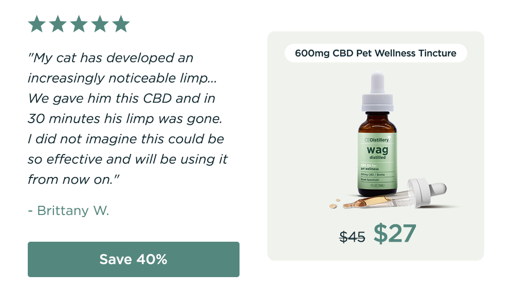 600mg CBD Pet Wellness Tincture: originally $45, now $27. "My cat has developed an increasingly noticeable limp... We gave him this CBD and in 30 minutes his limp was gone. I did not imagine this could be so effective and will be using it from now on." - Brittany W. Save 40%