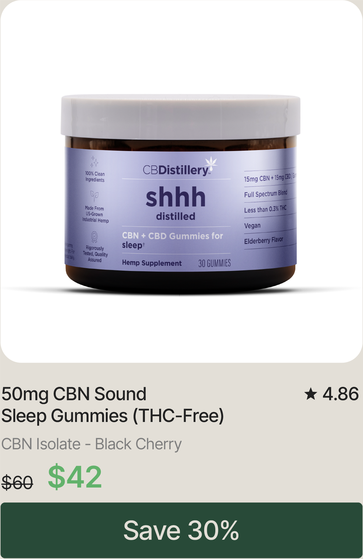 50mg CBN Sound Sleep Gummies (THC-Free), originally $60, now $42. Save 30%