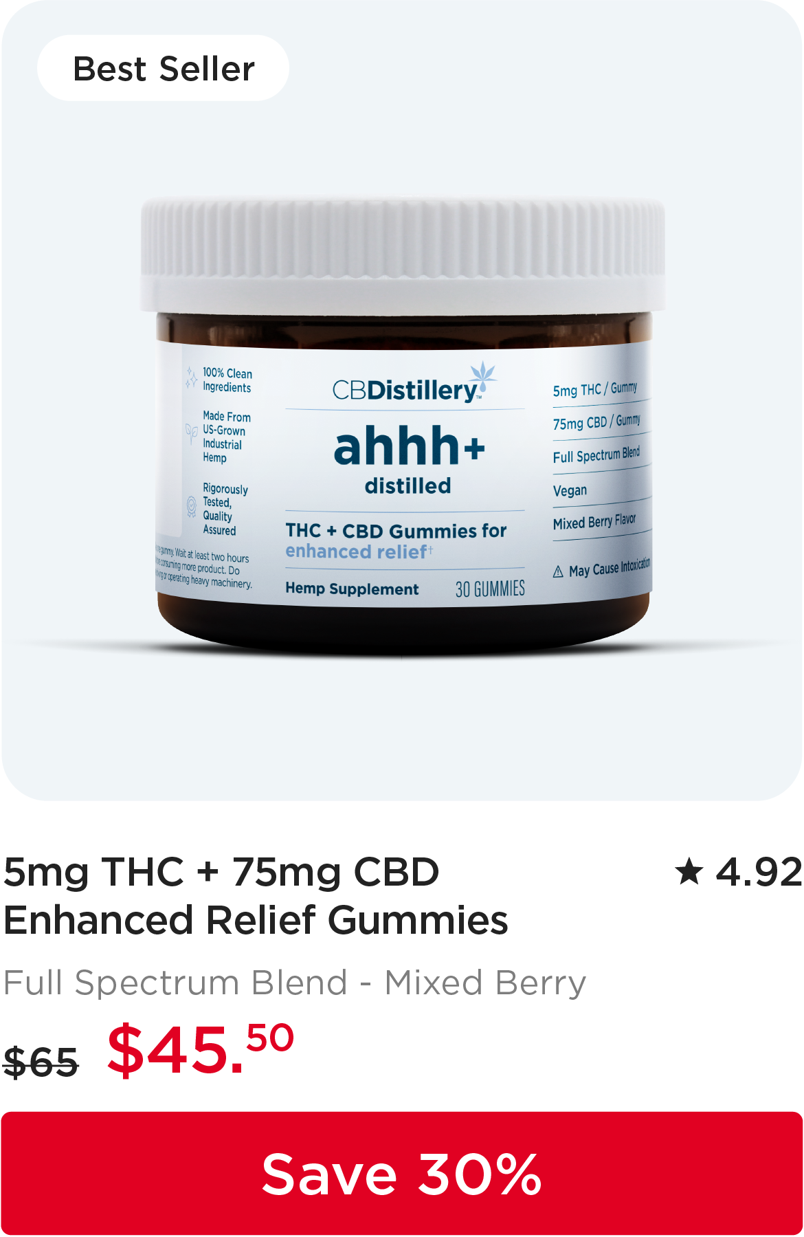 5mg THC + 75mg CBD Enhanced Relief Gummies, originally $65, now $45.50. Save 30%