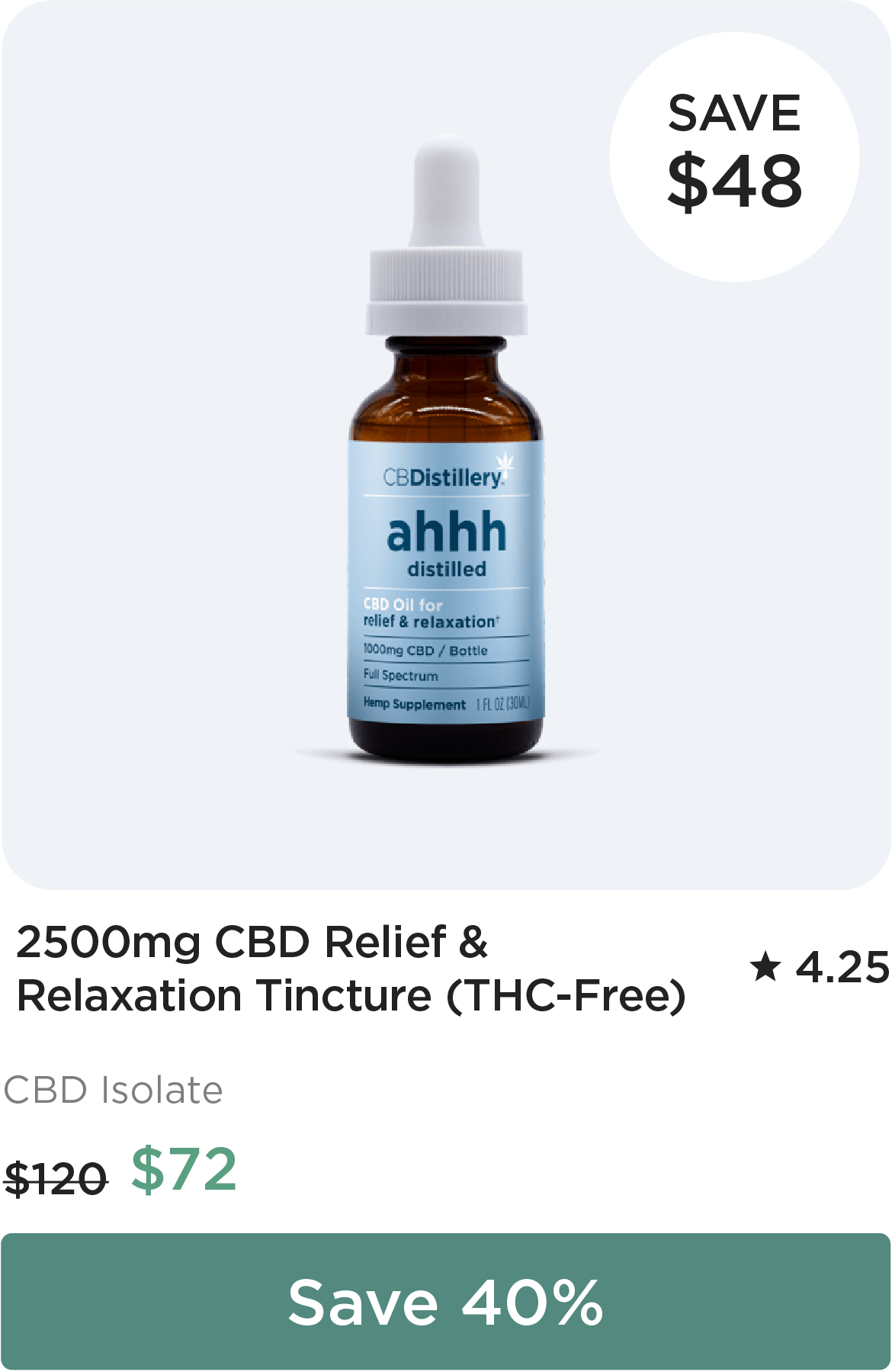 2500mg CBD Relief & Relaxation Tincture (THC-Free), originally $120, now $72 - $48 off! Save 40%