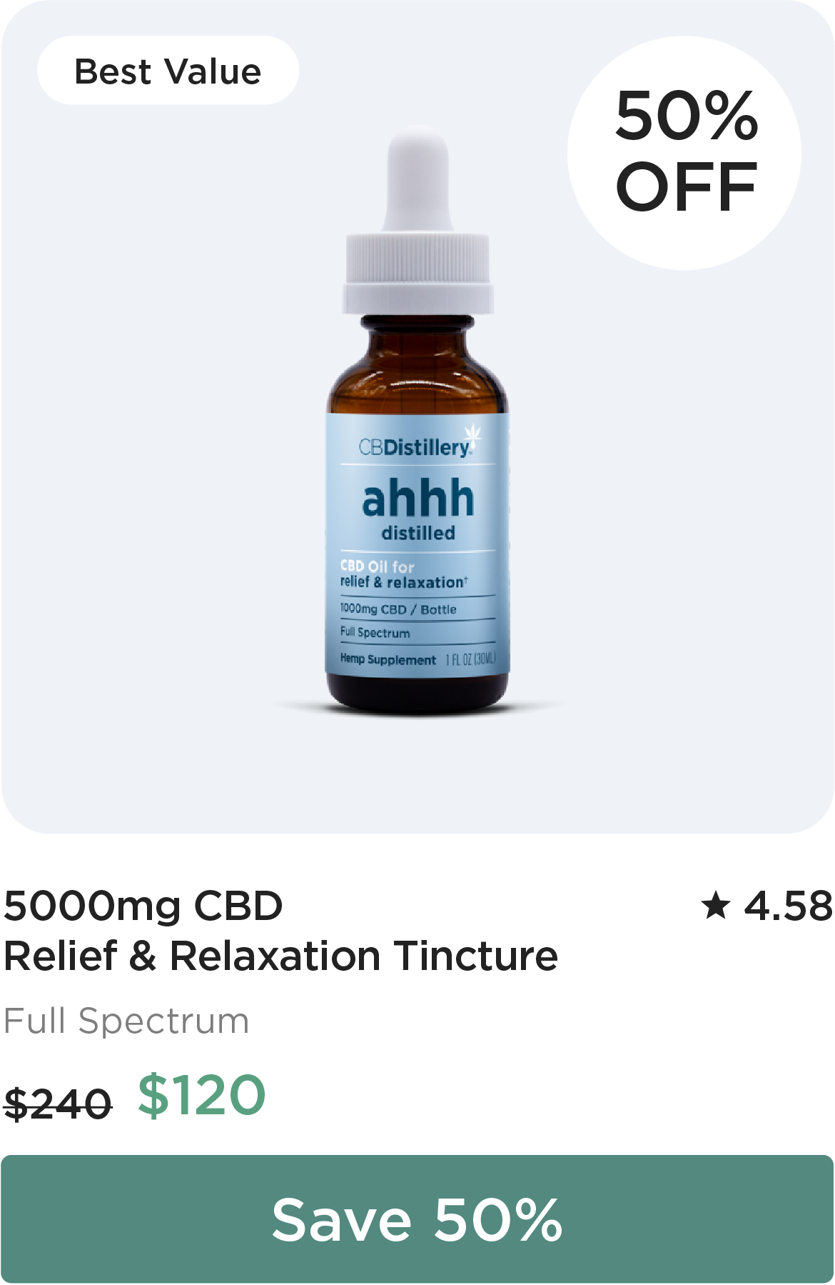 Best Value - 50% Off: 5000mg CBD Relief & Relaxation Tincture. Originally $240; now $120. Save 50%